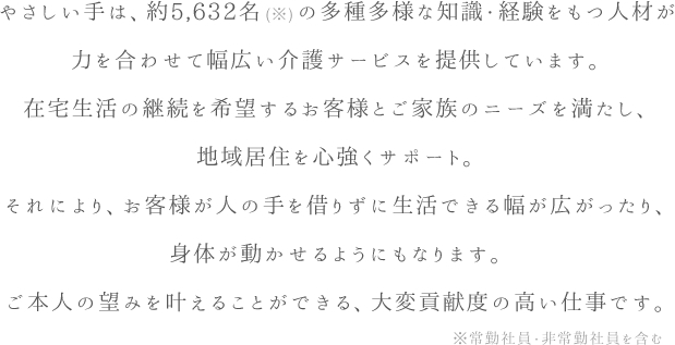 やさしい手は、約5,559名の多種多様な知識・経験をもつ人材が力を合わせて幅広い介護サービスを提供しています。在宅生活の継続を希望するお客様とご家族のニーズを満たし、地域居住を心強くサポート。それにより、お客様が人の手を借りずに生活できる幅が広がったり、身体が動かせるようにもなります。ご本人の望みを叶えることができる、大変貢献度の高い仕事です。※常勤社員・非常勤社員を含む